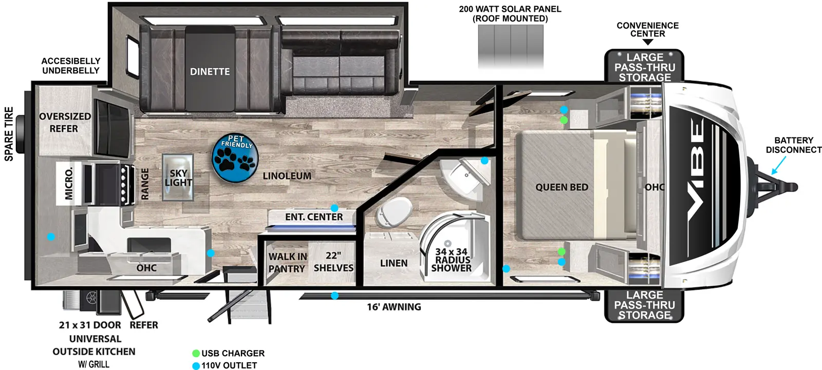 The 25KR has one slideout and one entry. Exterior features battery disconnect, front pass-thru storage with convenience center, 16 foot awning, universal outside kitchen with grill and refrigerator, spare tire, accesibelly underbelly, and 200 watt roof-mounted solar panel. Interior layout front to back: foot-facing queen bed with overhead cabinet; door side full bathroom with linen closet; off-door slideout with seating and dinette; door side entertainment center with walk-in pantry and shelves behind, and entry; kitchen counter with sink and overhead cabinet wraps to rear with sky light, microwave, range, and refrigerator. Pet friendly RV with linoleum flooring.